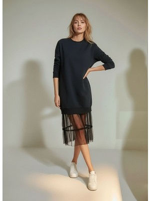 Mamayaga Kadın Eteği Tül Uzun Kol Pamuklu Spor Şık Sweat Curve Uzun Kol Büyük Beden Elbise