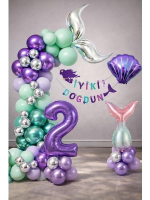 Patladı Gitti Deniz Kızı Temalı 2 Yaş Doğum Günü Balon Süsleme Seti – Mor Lila Parti Dekorasyon Seti