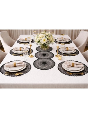 Dilex DİLEX Siyah Nakışlı Runner ve Supla Seti 7 Parça – 1 Runner 6 Supla 37 cm Amerikan Servis Masa Örtüsü Sofra Seti