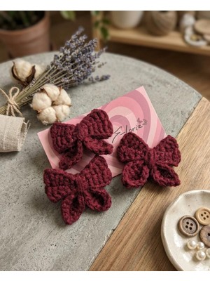 Hobilinka - El Örgüsü Bordo Fiyonk Model 3’lü Set Saçsız Bebek Tokası - Amigurumi Tasarım
