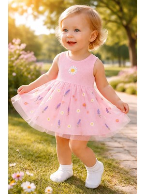 Almira Anne Bebek Kız Bebek Için Yazlık Pembe Çiçek Nakışlı Elbise - Rahat ve Şık