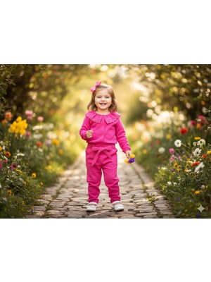 Selvira Kız Çocuk Fuşya Rengi Dantel Yaka Düğmeli Triko Hırka ve Beli Kuşaklı Pantolon Alt Üst Takım