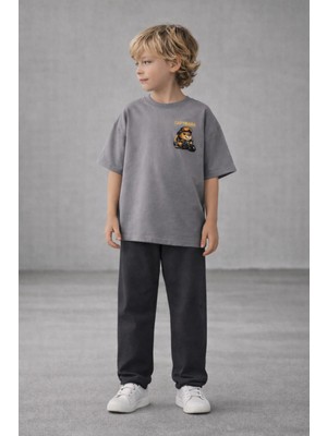 Zekalya Capybara Erkek Çocuk Takım %100 Pamuk Baskılı Tişört Eşofman Altı – Gri