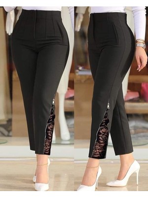 Munn Collection Kadın Yüksek Bel Önden Nervürlü ve Fermuarlı Yandan Dantelli Ithal Krep Pantolon