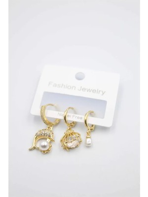 Royaleks 3'lü Yunus Balığı Küpe - Altın