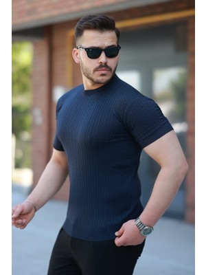 Moda Loris Erkek Bisiklet Yaka Örgü Desenli Kısa Örme Triko Kısa Kollu T-Shirt