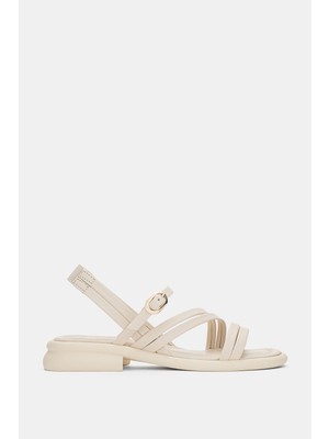 Selin Shoes Bloria Hakiki Deri Arkadan Lastikli Ayarlanabilir Toka Detaylı Kadın Sandalet- Ekru