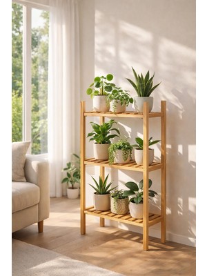 Exent, Dekoratif 3 Raflı Doğal Ahşap Çiçeklik, Saksılık, Kayın Ahşap Çok Amaçlı Raf