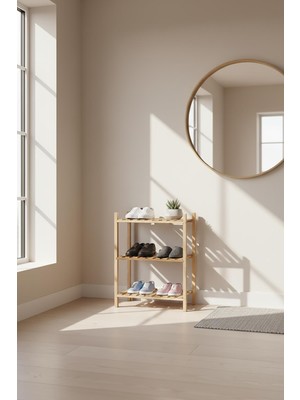 Exent, Dekoratif 3 Raflı Doğal Ahşap Ayakkabılık, Kayın Ahşap Ayakkabılık, Çok Amaçlı Raf