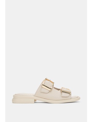 Selin Shoes Orlise Hakiki Deri Ayarlanabilir Gold Toka Detaylı Topuklu Kadın Terlik- Ekru