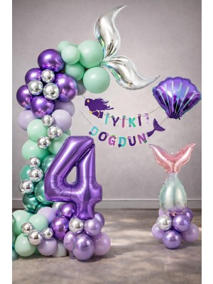 Patladı Gitti Deniz Kızı Temalı 4 Yaş Doğum Günü Balon Süsleme Seti – Mor Lila Parti Dekorasyon Seti