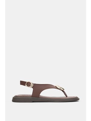 Selin Shoes Valmont Bilekten Ayarlanabilir Gold Toka ve Altıgen Aksesuar Detaylı Kadın Sandalet- Kahverengi