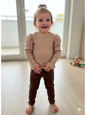 Selvira Kız Çocuk Uzun Kollu Triko Kazak ve Deri Pantolon Takımı - 6/9 Yas Aralığı