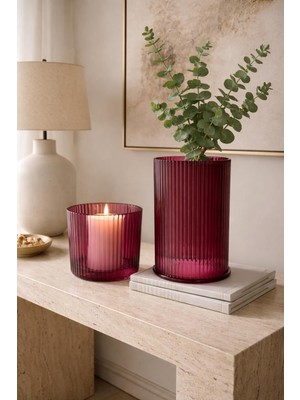 Velora Living Fuchsia Cam Vazo & Mumluk 2’li Dekoratif Set – Çizgili Fuşya Cam Modern Ev Aksesuarı