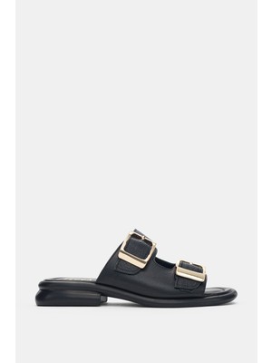 Selin Shoes Orlise Hakiki Deri Ayarlanabilir Gold Toka Detaylı Topuklu Kadın Terlik- Siyah