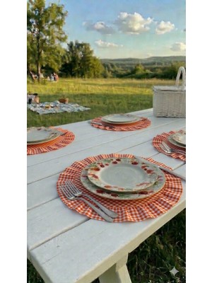 Hobizer Tekstil Fırfırlı Piti Kareli Supla Amerikan Servisi Yuvarlak 6'lı 40X40 cm