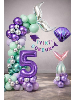 Patladı Gitti Deniz Kızı Temalı 5 Yaş Doğum Günü Balon Süsleme Seti – Mor Lila Parti Dekorasyon Seti
