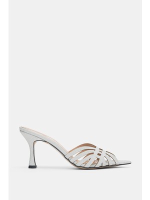Selin Shoes Valera Açık Kafes ve Sivri Burun Topuklu Kadın Terlik- Gümüş