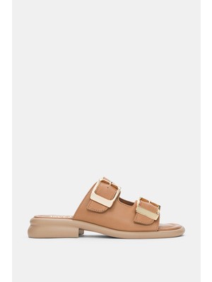 Selin Shoes Orlise Hakiki Deri Ayarlanabilir Gold Toka Detaylı Topuklu Kadın Terlik- Taba