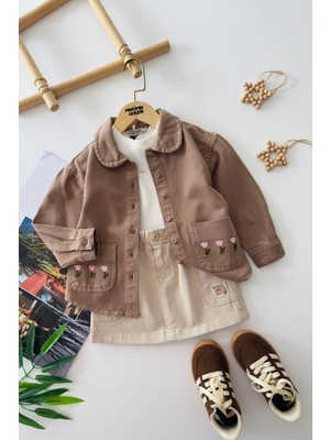 Miniğimin Cicileri Vintage Çiçek Nakışlı Ceketli Kız Çocuk Etekli 3’lü Kombin - Kahverengi