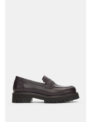 Selin Shoes Lorian Hakiki Deri Ön Çizgi Aksesuar Kadın Loafer- Kahverengi