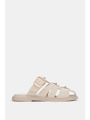 Selin Shoes Velden Ayarlanabilir Gold Toka Detaylı Kadın Terlik- Ekru