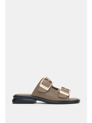 Selin Shoes Orlise Hakiki Deri Ayarlanabilir Gold Toka Detaylı Topuklu Kadın Terlik- Vizon