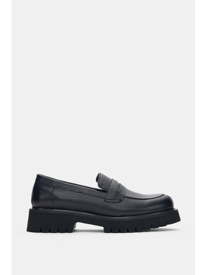 Selin Shoes Lorian Hakiki Deri Ön Çizgi Aksesuar Kadın Loafer- Siyah