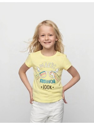 Almira Anne Bebek Gözlüklü Baskılı Tropikal Desen Kısa Kollu Kız Çocuk T - Shirt - Mor, 3 - 4 Yaş