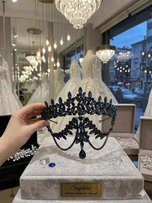 Diba Avm Lacivert Taşlı Alınlıklı Gelin Tacı Gelin Alınlık Kına Gecesi Taç Lacivert Taç Bindallı Alınlığı Taç Aksesuar Saç Hint Modeli Kına ve Nişan Tacı - Özel Tasarım Kristal Taşlı Lüks Kadın Saç Aksesuarı