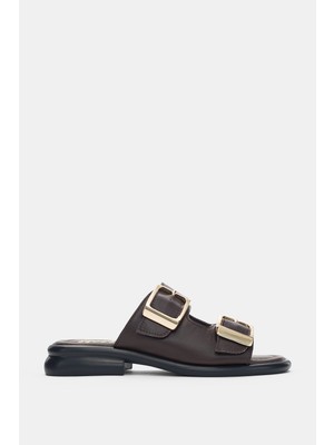 Selin Shoes Orlise Hakiki Deri Ayarlanabilir Gold Toka Detaylı Topuklu Kadın Terlik- Kahverengi