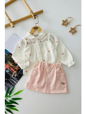 Miniğimin Cicileri Tencel Lale Nakışlı Gömlekli Kız Çocuk Etekli Takım - Krem