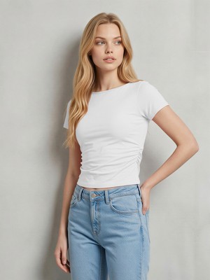 Broco Kayık Yaka Yanı Büzgülü Crop T-Shirt