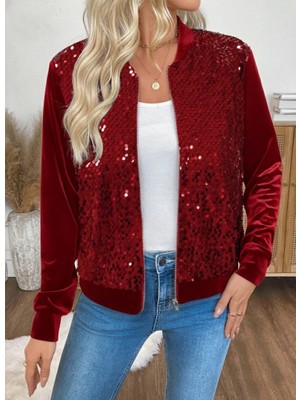 Pusula Sepeti Kadın Uzun Kollu Önü Açık Fermuarlı Pulpayetli Kadife Ceket