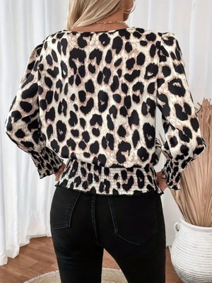 Infivento Kadın Uzun Kollu Bisiklet Yaka Leopar Desenli Modal Bluz