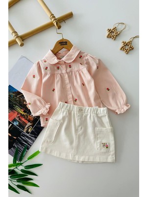 Miniğimin Cicileri Tencel Lale Nakışlı Gömlekli Kız Çocuk Etekli Takım - Pembe