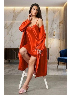 Cherry Queen Kadın Lüks Saten Dantel Detaylı Gecelik ve Sabahlık Takımı
