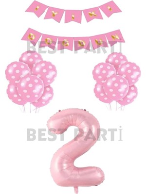 Feyza Design Iyi Ki Doğdun Yazılı Pembe Renk Puanlı Balon ve Rakam Seti Yaş 2