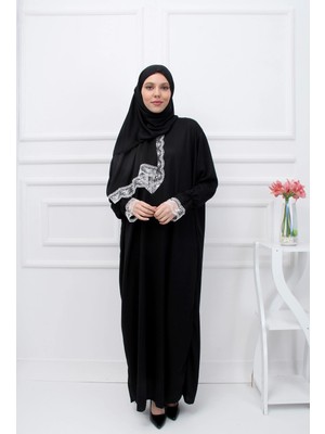 Defkay Lüks Dantel Işlemeli Boydan Namazlık - Tek Parça Hazır Başörtülü Tesettür Elbise