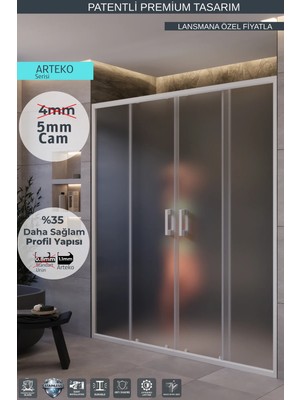 Monaqua Arteko Duşakabin Ön Cephe, 2 Sabit 2 Kayar - Beyaz Profil - Satine Buzlu 5mm Cam