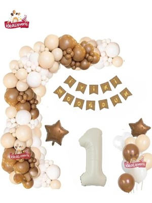 Feyza Design 1 Yaş Krem Bannerli Kahve Beyaz Konsept Doğum Günü Seti