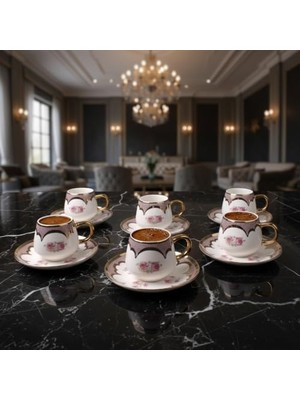 Skygo 6 Kişilik Lüks Porselen Türk Kahvesi Fincan Takımı, Modern Siyah Beyaz Ekose Desenli, Detaylı ve Köşeli Kulplu, 12 Parça Çeyizlik Sunum Seti