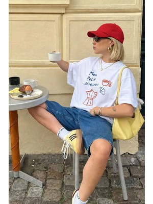 Monila Kadın Premium Kumaş Ekru Baskılı Oversize T-Shirt