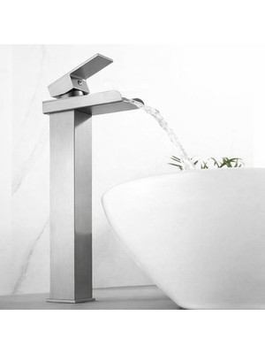 Rena Design Inox Çanak Lavabo Bataryası Şelale Çıkış Yüksek Havza Model Uzun Çift Giriş Musluk Banyo Mat Gri