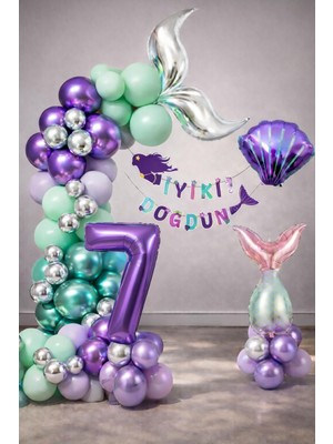 Patladı Gitti Deniz Kızı Temalı 7 Yaş Doğum Günü Balon Süsleme Seti – Mor Lila Parti Dekorasyon Seti