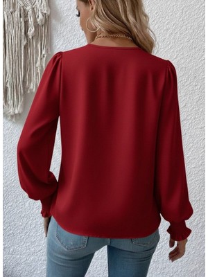 Nnstartshopping  Kadın Uzun Kollu Dökümlü Kruvaze Yaka Kol Ucu Gipeli Sandy Bluz