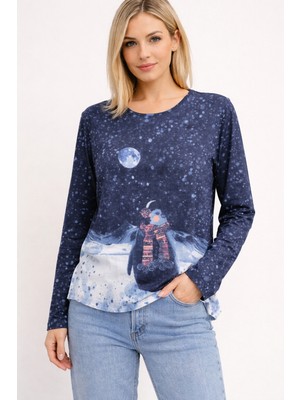 Mamayaga Kadın Bisiklet Yaka Uzun Kol Dijital Baskı Penguenli Pamuk Basic T-Shirt