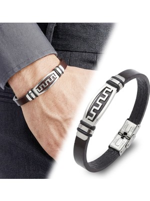 Fm 💎 Premium Motifli Ayarlanabilir Kordonlu Erkek Deri Ve Çelik Bileklik 31834B23DD4 - 23 cm