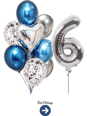Feyza Design 6 Yaş Gümüş Rakam Mavi Gümüş Balon Seti