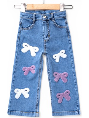 Mini Trends Kız Çocuk Pantolon Denim Fiyonk Nakışlı Mavi